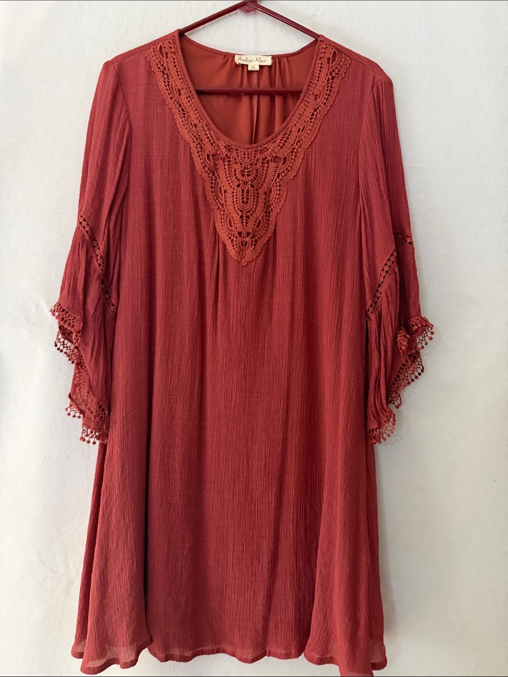 Indigo Rose Boho gauzyCrochet V-Neck Bell Sleeve Tunic Dress Rust Brick Red XL